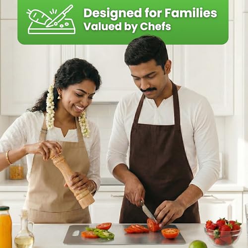 Image of Premium 304 SS Grade Stainless Steel Chopping Board Large 35x25 cm with Free Steel Finger Protector- Durable Rust-Resistant Cutting Board Steel, Heavy-Duty Fruits & Vegetable Cutting Board