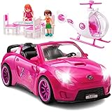 Play22 Pink Car Convertible 2-Seater Vehicle with Lights and Sounds - Set Includes 2 Figurines, Doll Helicopter, Dining Table & More - Great Toddler Gift