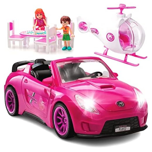 Play22 Barbie Car for Dolls - Convertible Doll Car Set of 10 - Pink Toy Car for Girls with Lights and Sounds, Helicopter Doll, 2 Figurines, Dining Table -Great Gift Doll Accessories Set- Original