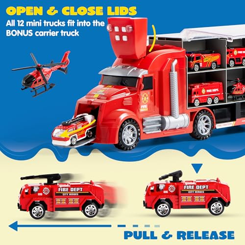 Image of JOYIN 25 in 1 Fire Truck Vehicle Toy Set with Sounds and Lights, Fire Engine Vehicles in Carrier Truck, Mini Rescue Emergency Car Toy, Birthday Gifts for Over 3 Years Old Boys