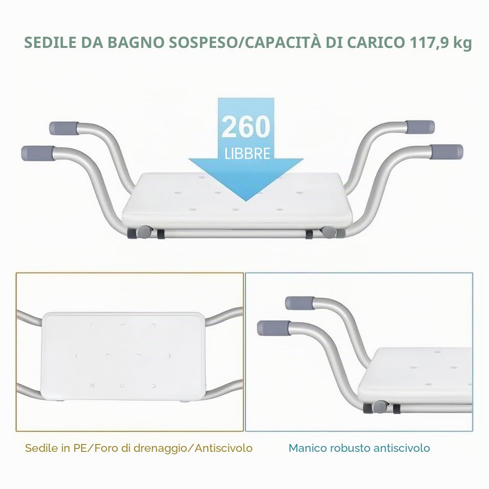 NEWFUN Sedile per Vasca da Bagno,Sedia per Vasca da Bagno per Anziani, Sedile Sospeso in Alluminio Seduta Vasca,Allungabile,con 3 Larghezze Regolabili,per Vasca da Bagno,Portata 136 kg,Bianco