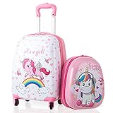 DREAMADE Valise Enfant 16' et Sac à Dos 12', Bagage à Main Rosé pour Enfants Filles, Cabine Enfant avec Motif Licorne, Valise Enfant Roulette avec 4 Roues Pivotante à 360°en Dessin(Licorne)