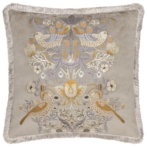 Image of Morris&Co. Strawberry Thief Feather Rich Filled Cushion – Piped Embroidered Velvet Pillow with Fringed Trim (Biscuit - 50x50cm)