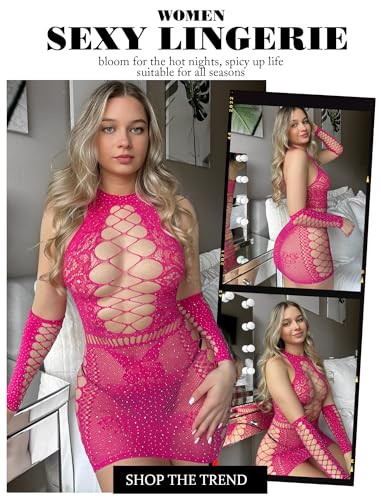 Image of Avidlove Fishnet Lingerie Womens Mesh Chemise One Piece Babydoll Mini Dress Lace Sparkle Rhinestone Lingeries for Women