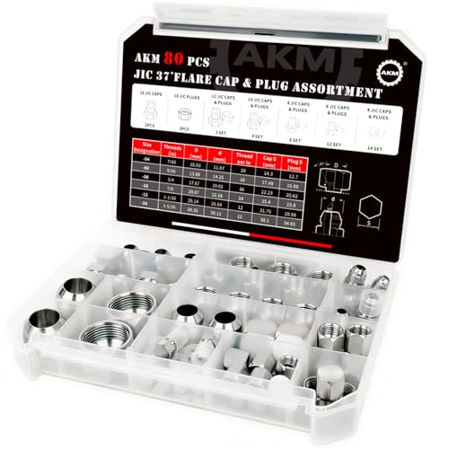 AKM 80 Pcs JIC 37° Flare Cap and Plug Kit Industrial Hydraulic Cap and Plug Hose Tube and Pipe Fitting Kit Precision Threading in Dash Sizes 4 6 8 10 12 16