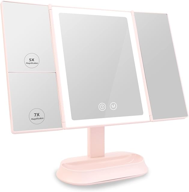 EMKE Makeup Mirror with Light - Trifold Vanity Mirror with 5x & 7x Magnifications, Makeup Mirror with Dimming & 3 Color Modes, 90 Free Rotation, Touch Screen, Dual Power Supply, Pink
