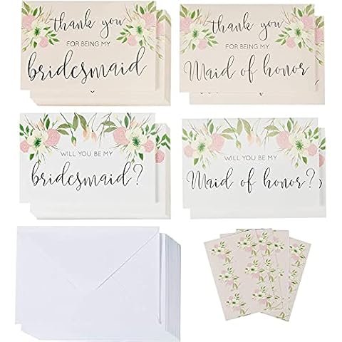 24-Pack Bridal Party Request Kit - 12 Bridesmaid and Maid of Honor Proposal Cards and 12 Thank You Cards, Envelopes Included, 10.2 x 15.2 cm Cover