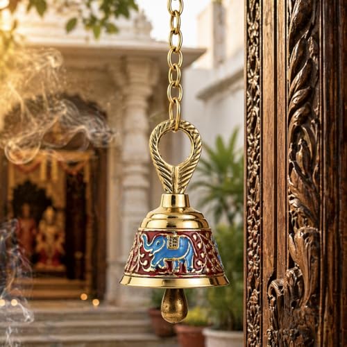 Image of Brass Pooja Hanging Bell with Chain (Red, Single Piece) | Decorative Mandir Ghanti for Door Wall | Handcrafted Temple Bell for Home Decor, Vastu & Spiritual Use