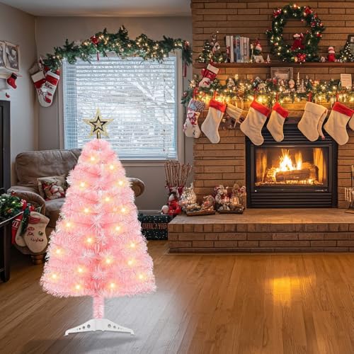 Christmas Tree with Lights,3ft Artificial Xmas Tree for Home, Office, Indoor and Outdoor Holiday Decoration,Golden Star Topper & Easy Assembly, Pink by Dream Loom - Used condition - Image 7