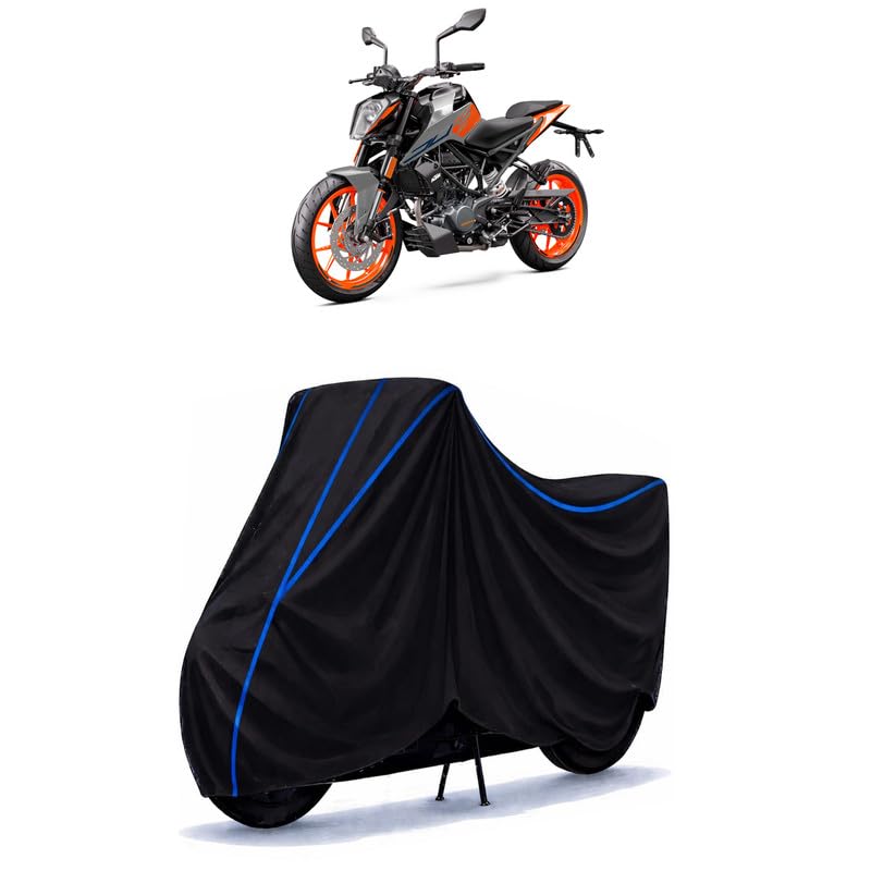 Image of KTM 200 Duke Bike Cover Water Resistant Universal Motorcycle Rain | Heavy Duty UV Protection, Dust, Scratch Indoor Outdoor All Weather with Black Blue Piping Elastic