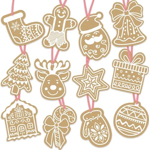 SULOLI Christmas Gifts Tag,60PCS Xmas Kraft Gift Tags Label Parcel Present Hanging Tags with Strings