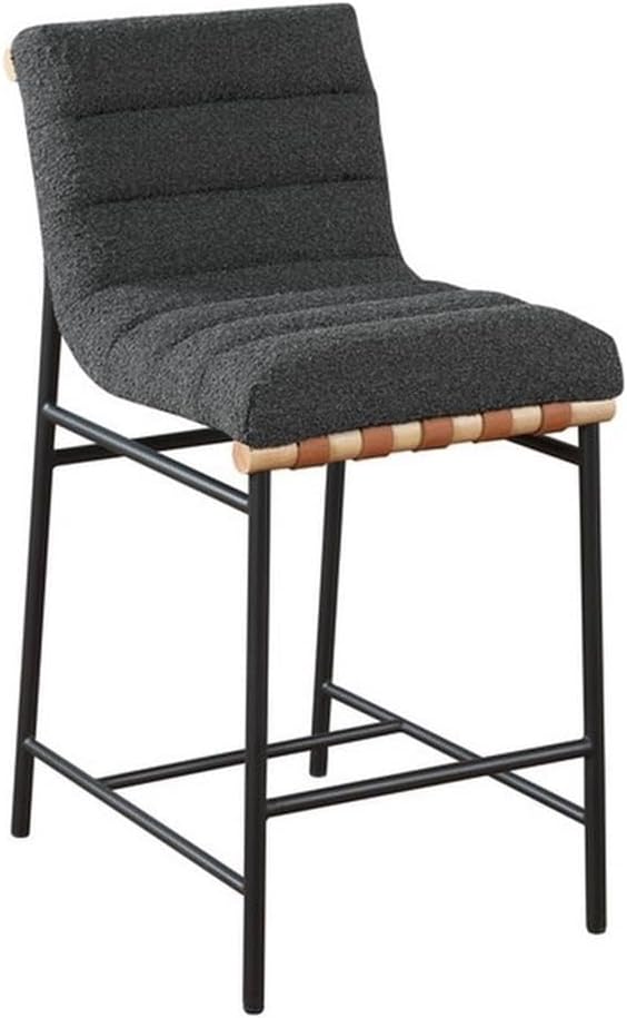 Lilola Home Lahni 18" W Dark Gray Boucle Fabric Counter Height Chair – Contemporary Upholstered Bar Stool with Cognac PU Leather Detail and Fully Assembled Design for Kitchen Dining Room