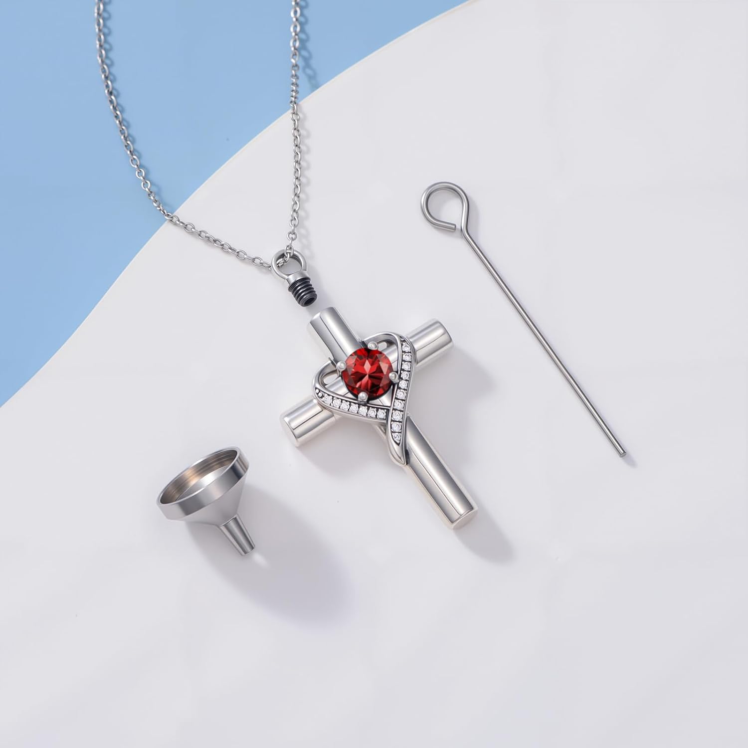 TOUPOP Cross Urn Necklaces for Ashes Birthstone Cremation Jewelry 925 Sterling Silver Heart Cross Memorial Keepsake Funeral Jewelry for Women (with Funnel Filler) - Image 2