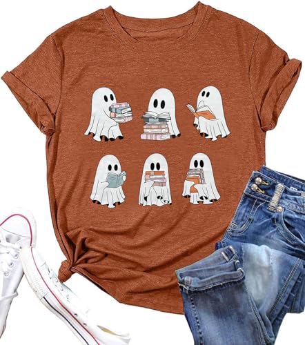 Halloween Teacher Shirts for Women Reading Books T-Shirt Funny Teacher Librarian Halloween Party Tee Tops