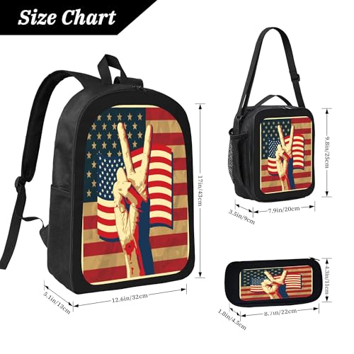 3PCS Backpack for Women Men With Lunch Box Pencil Bag 17 Inch Lightweight Adjustable Strap Back Pack 3 In 1 Set Victory Flag Usa Casual Daypack Unisex Fit Travel Work Camping3