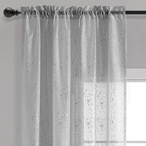 Silver Grey Sparkle Curtains 63 Inches Length, Metallic Silver Glitter Sheer Sparkle Curtains For Bedroom, Privacy Window Sheer Curtain Panels, 52 X 63 Inch, 2 Panels #TOP2