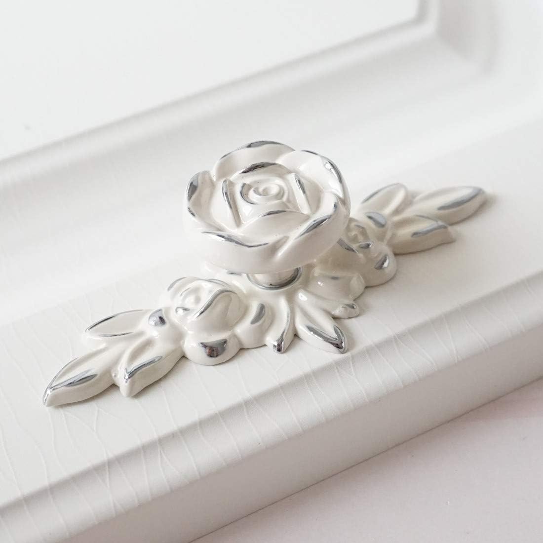 LBFEEL Flower Dresser Handles Back Plate Drawer Knobs Pulls Handles Creamy White Silver Rose knob Shabby Chic Kitchen Cabinet Knobs Handles (Largest Backplate)