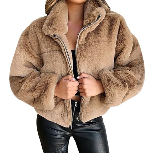 Generisch Chaqueta de peluche para mujer, corta, elegante, de piel sintética, chaqueta de invierno para mujer, cuello alto con cremallera, chaqueta de entretiempo, manga larga holgada, abrigo de pelo