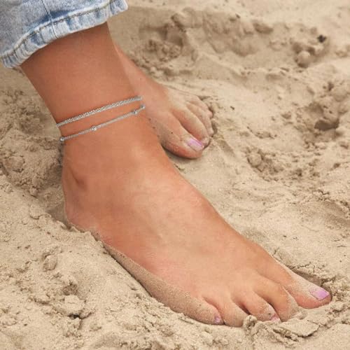 Image of Kenivira Sterling Silver Ankle Bracelets for Women,Gold Dainty Layered Waterproof Anklet for Women, Anklet Set Stackable Beach Gift Adjustable Size
