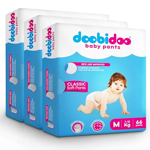 Image of Doobidoo Classic Baby Diaper Pants - M Size | High Absorbency with Cottony Bubble Soft Topsheet, Anti-Leak Side Cuffs & Rash-Free Comfort | Gentle Protection (7-12 kg) - Pack of 3 | 198 Count