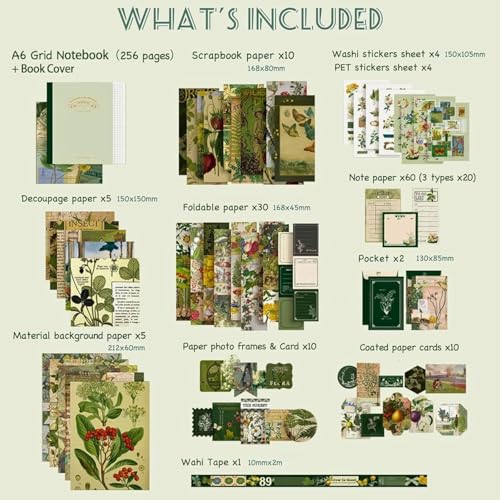 Image of VIBE VISTA Vintage Scrapbook Kit - 346 Pcs A6 Grid Notebook, Washi, Envelopes, Papers, Folding Labels, Background Papers, Photo Frames, Calendar Stickers - Cyan Looked At Wild Dome, Green