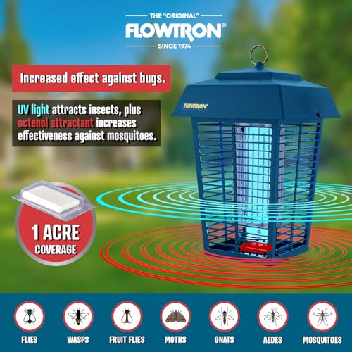 Image of Flowtron Electric Bug Zapper, 1 Acre Outdoor, 40W UV, 5600V Zap, Blue