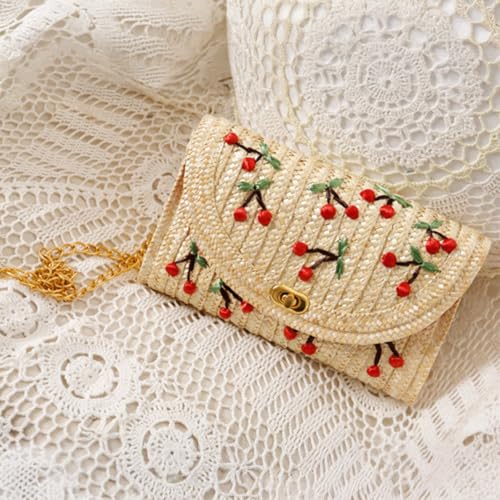 Straw Cherry Handbag for Women Beach Summer Boho Crossbody Shoulder Bag with Chain Strap Cute Y2K Aesthetic Purse2