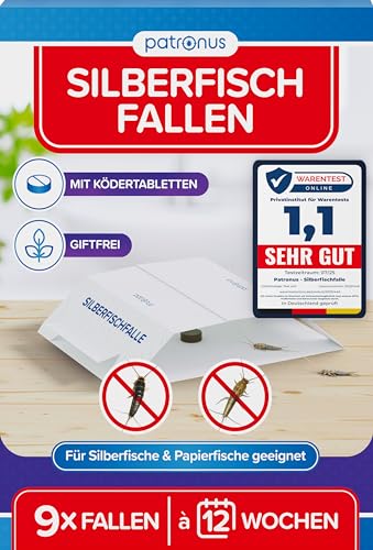 Patronus Silberfischfalle [9 Stück] - Monitoring-Klebefalle mit giftfreiem Köder inkl. E-Book zum Thema: Silberfische bekämpfen - Silberfisch-Falle für alle Wohnräume zur Befallsermittlung