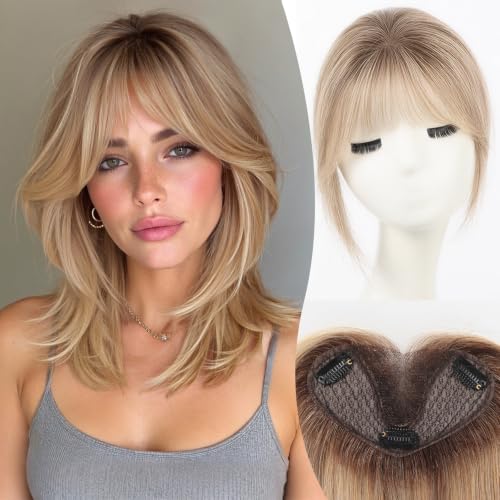 Human Hair Toppers for Women 8 Inch Real Human Hair Topper with Bangs,5"x3" Upgrade SilkHug Swiss Base Gray Root Coverage &amp; Thinning Hair（Ash Blonde Balayage,2T613/M6/16A#）
