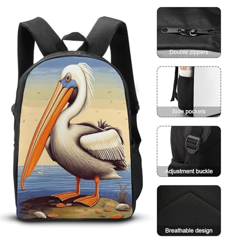 Printed Backpack With Lunch Pack Storage Box Case Pelican Birds 3pcs Lightweight Travel Backpack3