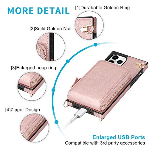 Jakpak For Iphone 12 Pro Max Case Wallet Zipper Leather Case With Card Holder Slots Protective Square Cover With Lanyard Shockproof Case Compatible With Iphone 12 Pro Max 6.7Inch Rose Gold #TOP5