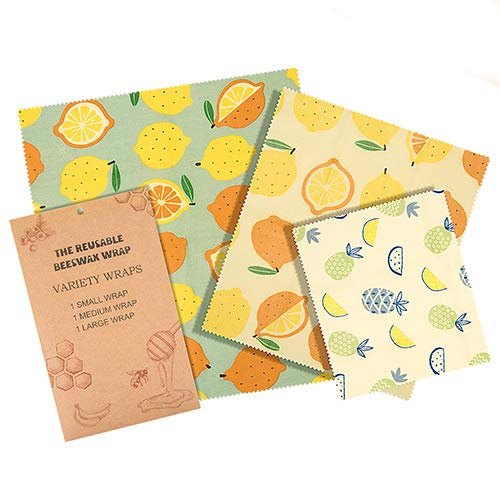 Tikola 3 Pack Beeswax Food Wraps Reusable, Eco-Friendly Food Storage for Cheese, Bread, Sandwich, Fruit| Organic Alternative to Plastic Wraps (1 Small 1 Medium 1 Large)