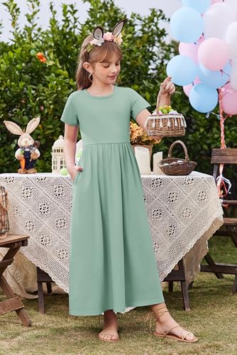 Image of Arshiner Girls Maxi Dress Long /Short Sleeve Casual Holiday Dress with Pockets for 5-13 Years