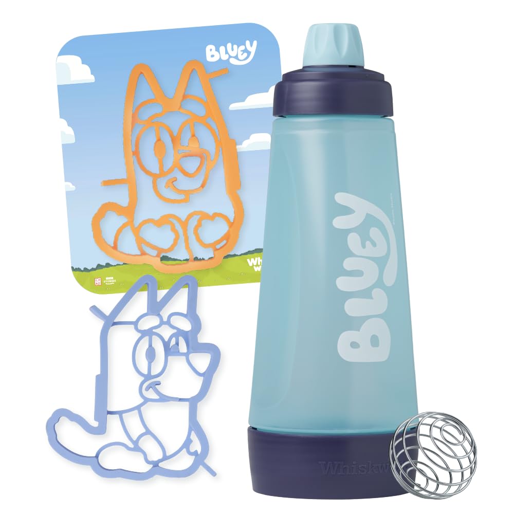 Whiskware Bluey Pancake Art Kit, 1 Batter Bottle, 2 Silicone Bluey and Bingo Pancake Molds, and 1 BlenderBall Wire Whisk, Durable, No-Mess Breakfast, BPA Free, Dishwasher Safe