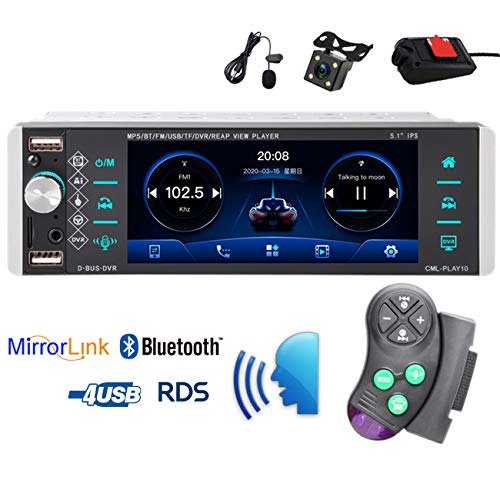 Bluetoothカーステレオ4x45W 1 DinカーオーディオFMラジオ、BluetoothハンズフリーレシーバーカーMP3プレーヤー、カメラDVRマイク付き、AI音声制御/ミラーリンク/RDS/AUX / 4つのUSBポート/ TFポートをサポート