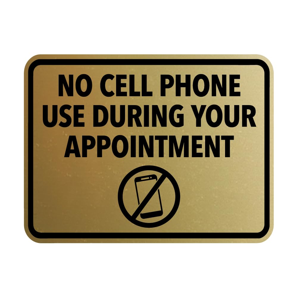 Signs ByLITA Classic Framed No Cell Phone Use During Your Appointment Wall or Door Sign | Easy Installation | Warning Business Signage (Brushed Gold)
