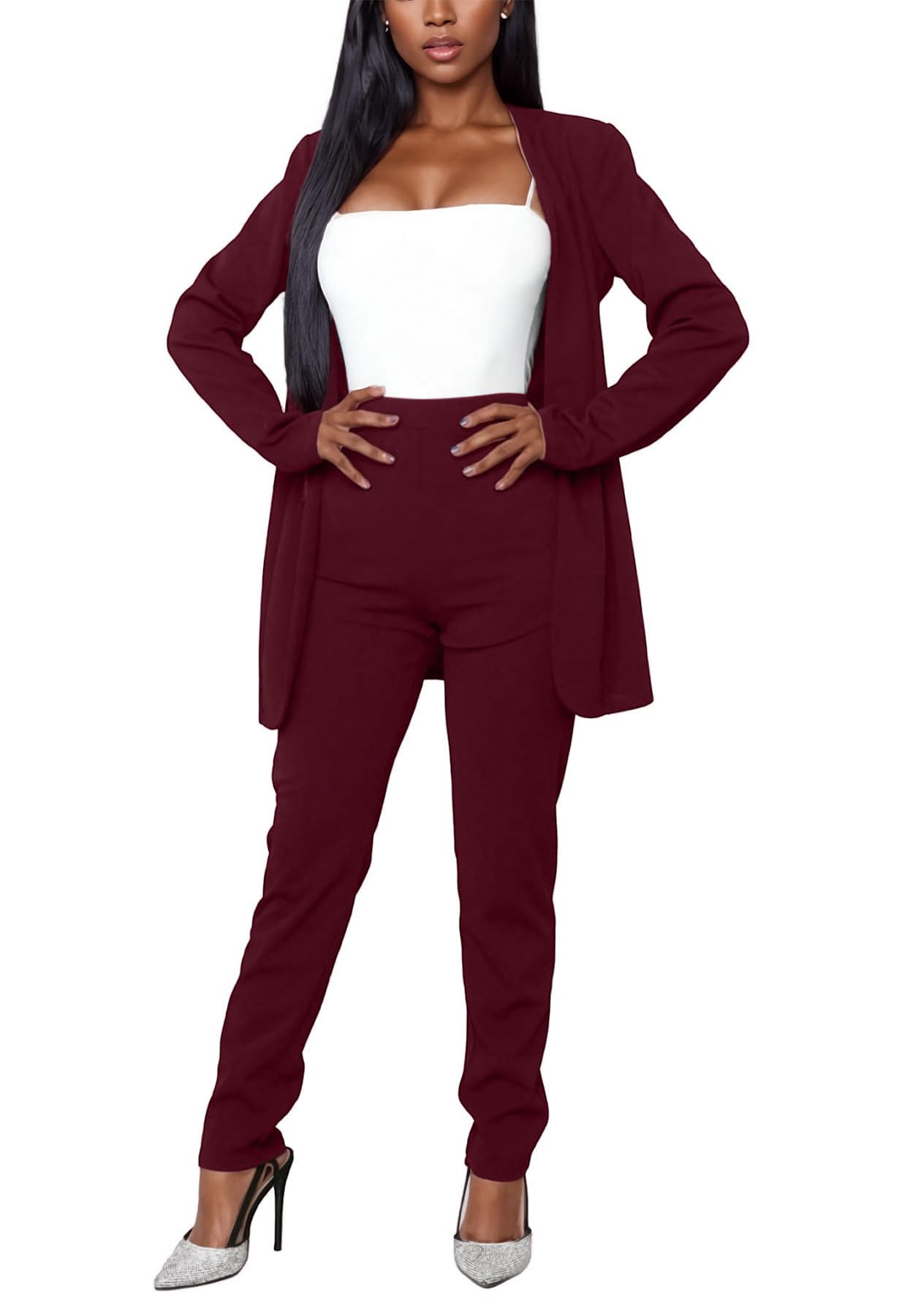 Vakkest Womens Suits 2 Piece Set Business Formal Outfit Casual Long Sleeve Blazer and Office Work Pencil Pants
