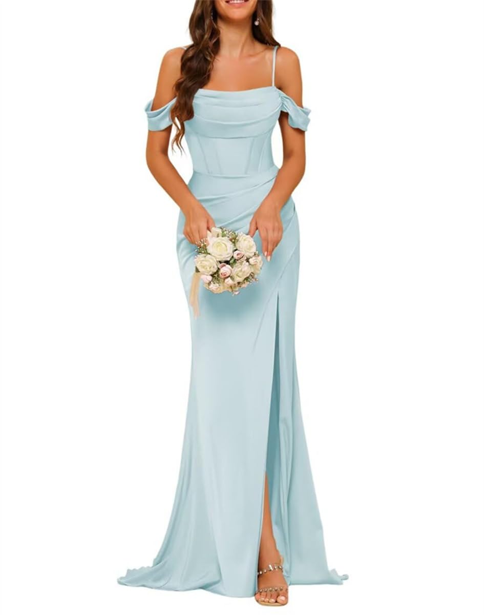 Sayno Women's Light Blue Satin Bridesmaid Dresses For Wedding With Silt Ruched Formal Evening Gowns Backless Plus Size Hlsa212 Uk6