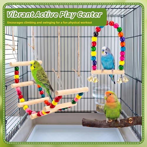 Image of 8 PCS Bird Toys & Perches Set - Natural Apple Wood & Hardwood Branches, Birch Ladder Swing, Foraging Shredding Chewing Toys for Parakeets, Cockatiels, Small Medium Bird Cage Accessories
