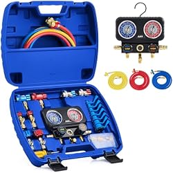 OMT 3 Way Manifold Gauge Set for R1234yf R134a R410a Refrigerant, AC Gauges | Automotive Gauge Set with Hoses Quick Couplers Self Sealing Can Taps for Car Freon Charging & Evacuation