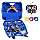 Orion Motor Tech AC Gauges, 3 Way Manifold Gauge Set for R1234yf R134a R410a Refrigerant, Automotive Gauge Set with Hoses Quick Couplers Self Sealing Can Taps for Car Freon Charging & Evacuation