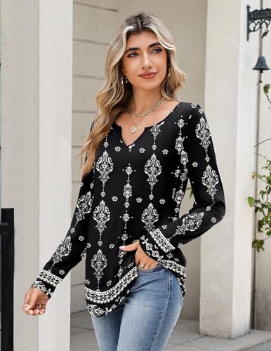 Image of Zeagoo Long Sleeve Shirts for Women Fall Tops Casual Dressy V Neck Blouses Boho Tunic Western Clothes Vacation Outfits