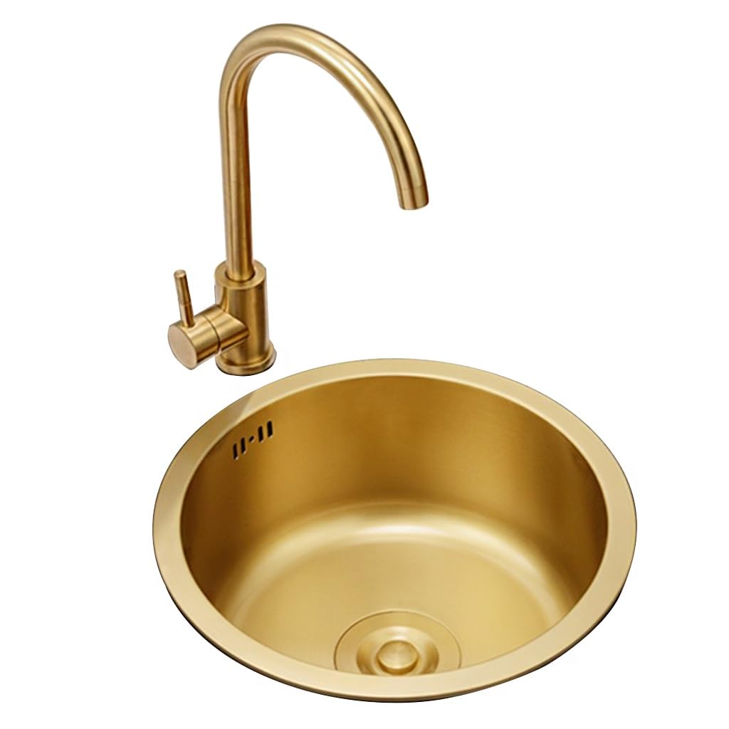 ZQFHSX Round Stainless Steel Kitchen Sink, Single Bowl Utility Sink with Faucet and Accessories - Gold Bar Design