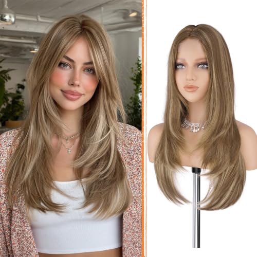 Haloo Brown Blonde Wig with Curtain Bangs - Lace Front Hairline Middle Part Long Layered Natural Looking Straight Synthetic Hair Wigs for Women Daily Party, 24 Inch Brown Mixed Blonde
