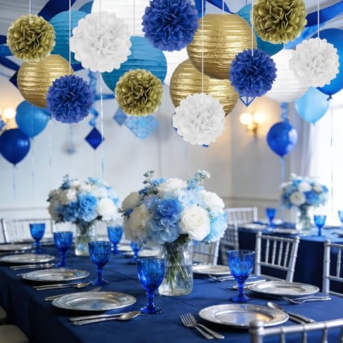 Image of 18 PCS Blue White Gold Paper Lanterns & Tissue Paper Pom Poms for Men's Birthday, Graduation 2026, Wedding, Hanging Paper Party Decoration Set for Indoor Outdoor Events Theme Party Supplies