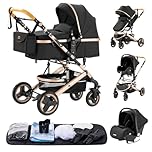 YAZOCO 3 in 1 Prams Travel System, Foldable Lightweight Baby Stroller, Adjustable Handle, Aluminum Frame for Newborn 0-4 Years Changing Bag (530 Black)