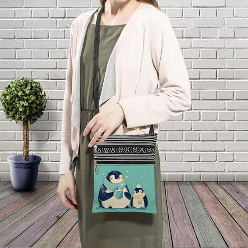 Chubby Penguin Messenger Bag Small Ethnic Pattern Printed Adjustable Strap Crossbody Zipper Bag Chubby Penguin Phone Bag Wallet Cute Shoulder Handbag for Women Friends -43