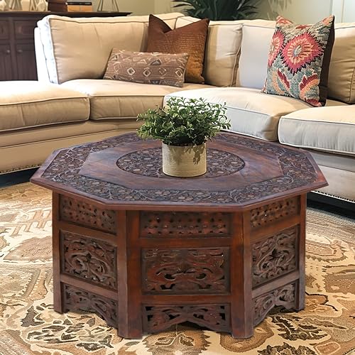 COTTON CRAFT Solid Wood Coffee Table - Hand Carved Vintage Boho Folding Side Table - Small Spaces Entryway Family Room Accent Table Living Room End Table - No Tools Assembly - Octagon 28 in x 18 in H COTTON CRAFT Solid Wood Coffee Table - Hand Carved Vintage Boho Folding Side Table - Small Spaces Entryway Family Room Accent Table Living Room End Table - No Tools Assembly - Octagon 28 in x 18 in H