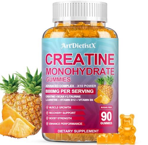 Creatine Monohydrate Gummies with BCAA, L-Carnitine, Taurine & Vitamin B12 - Pre Workout Supplement for Muscle Growth, Strength & Energy - Pineapple Flavor Gummies, 90 Count for Men & Women