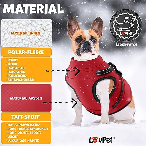 LOVPET® Hundejacke Hundemantel mit Geschirr, inkl. 45 Stück Kotbeutel + Spender, Hunde Winterweste gefüttert wasserdicht, Gepolsterte Weste Mit Brustgurt, Reflektoren, D-Ring L, Bordeaux Rot